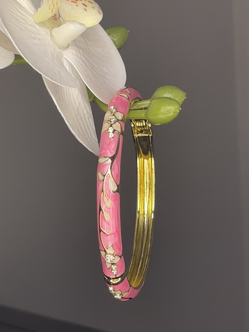 Gold-Tone Hoop Earrings with Pink Enamel and Crystal Accents